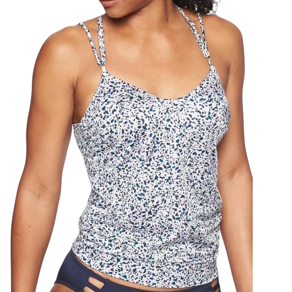 Athleta White Speckled Tankini Top with Navy Accents